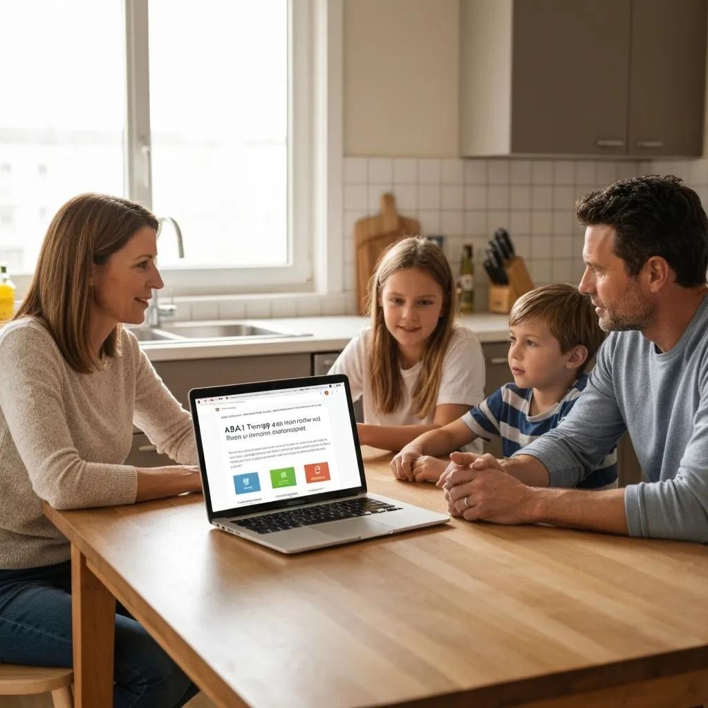 Family discussing local insurance options for ABA therapy in a cozy kitchen setting