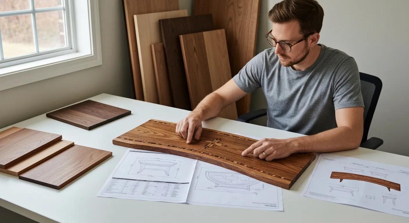 Designer working on custom hardwood dining table project with CAD drawings and timber samples