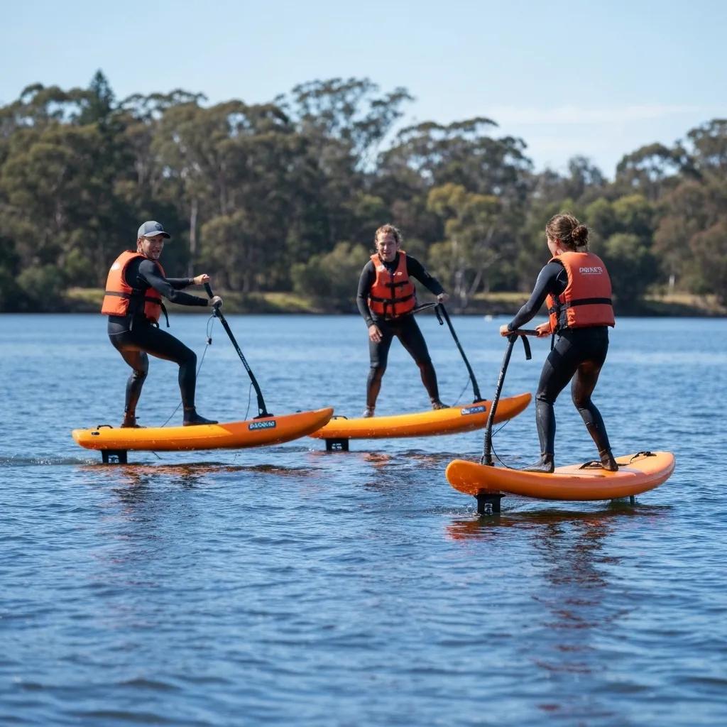 Beginners learning hydrofoil techniques on the Swan River in Perth, highlighting lessons and safety in foiling