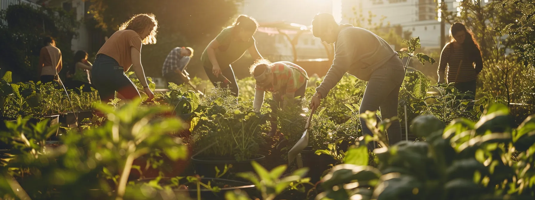 a group of people working together to create a community garden, surrounded by greenery and sunlight.