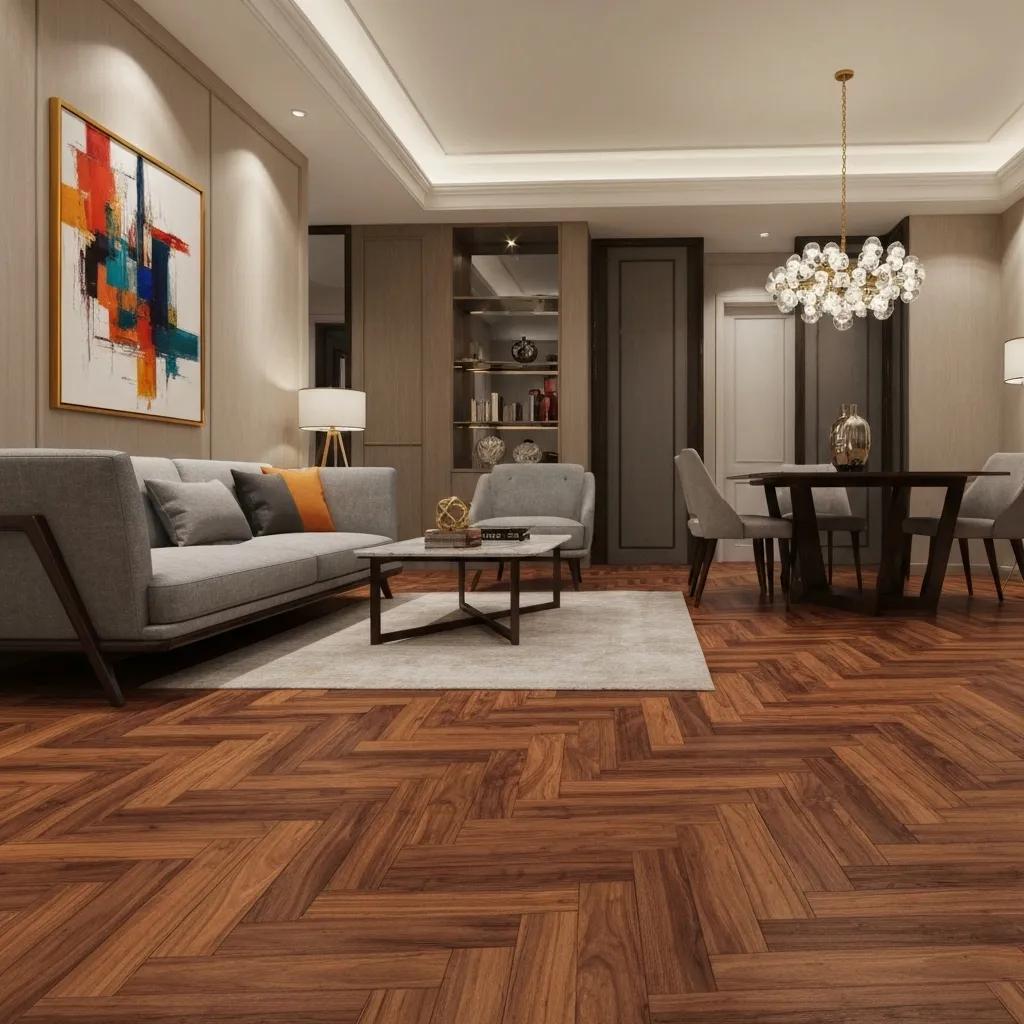 A stylish interior showcasing the latest luxury herringbone flooring trends, complemented by modern decor.