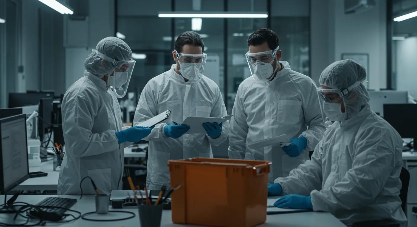 a professional mold remediation team in a bustling urban office, equipped with high-tech equipment and protective gear, diligently assessing the severity of a mold issue, highlighting the urgency and complexity of the remediation process.