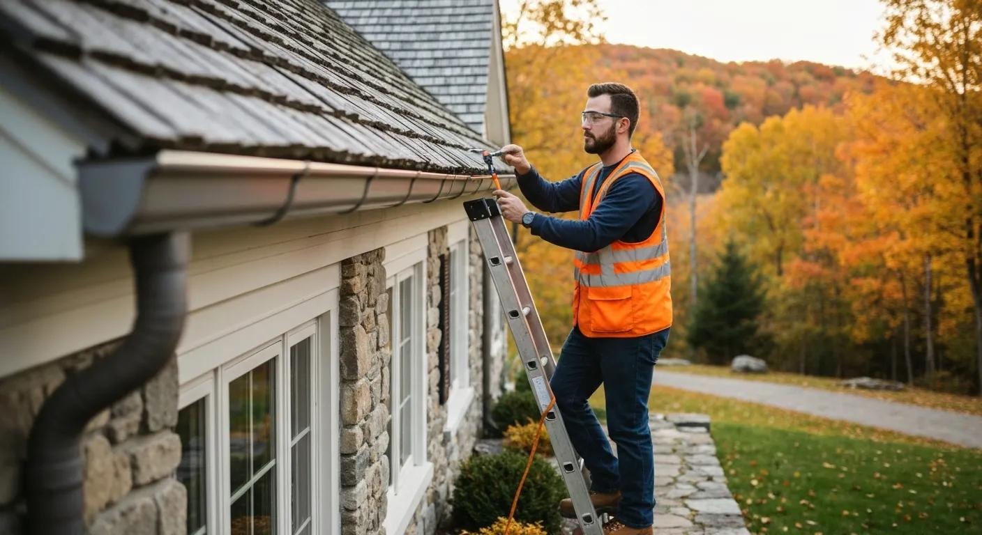 Technician inspecting gutters with safety measures in Vermont South