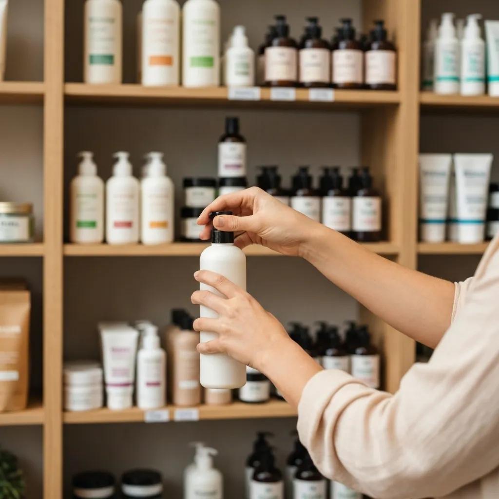 Person refilling a shampoo bottle at a sustainable beauty store, highlighting eco-friendly hair care practices and ethical sourcing