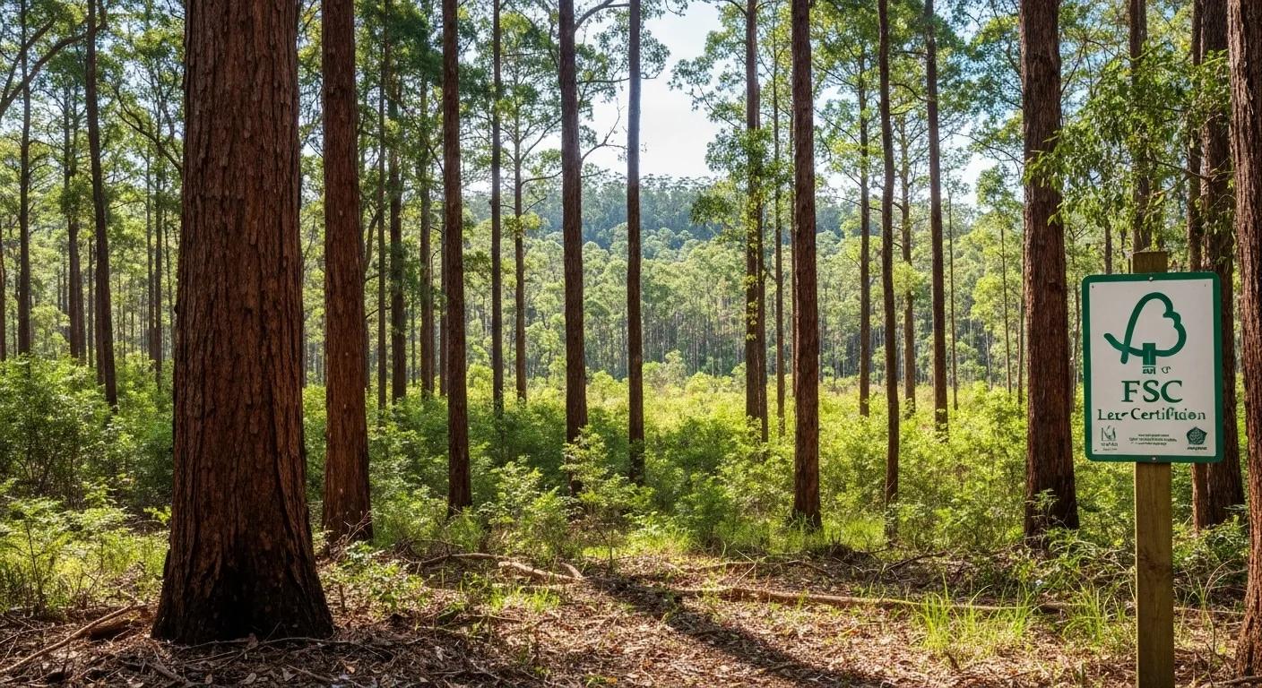 Sustainable timber sourcing practices in an Australian forest, highlighting eco-friendly methods and certifications