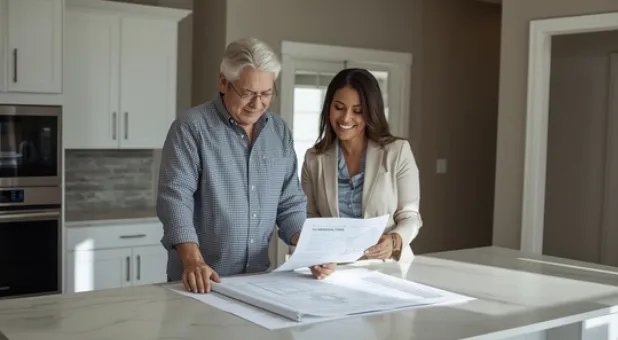 Veteran homebuyer and real estate agent reviewing new construction plans and VA financing Veteran homebuyer and real estate agent reviewing new construction plans and VA financing