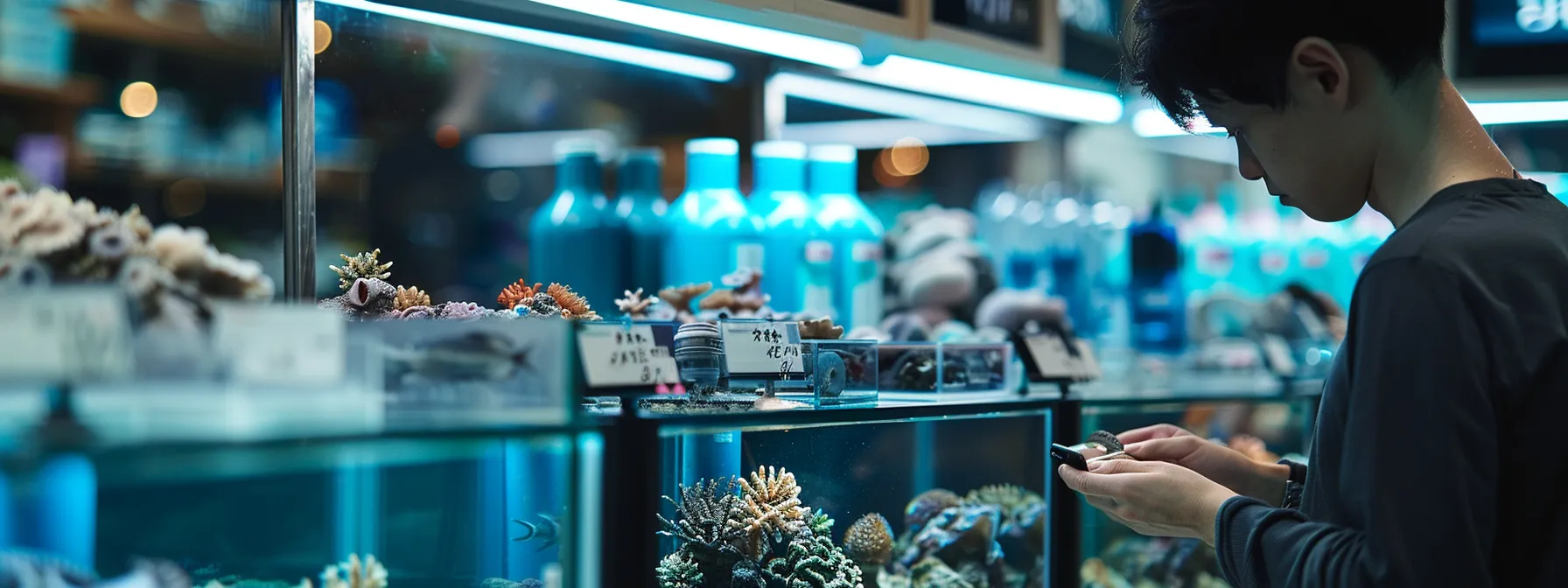 a person carefully selecting tank accessories at a store.