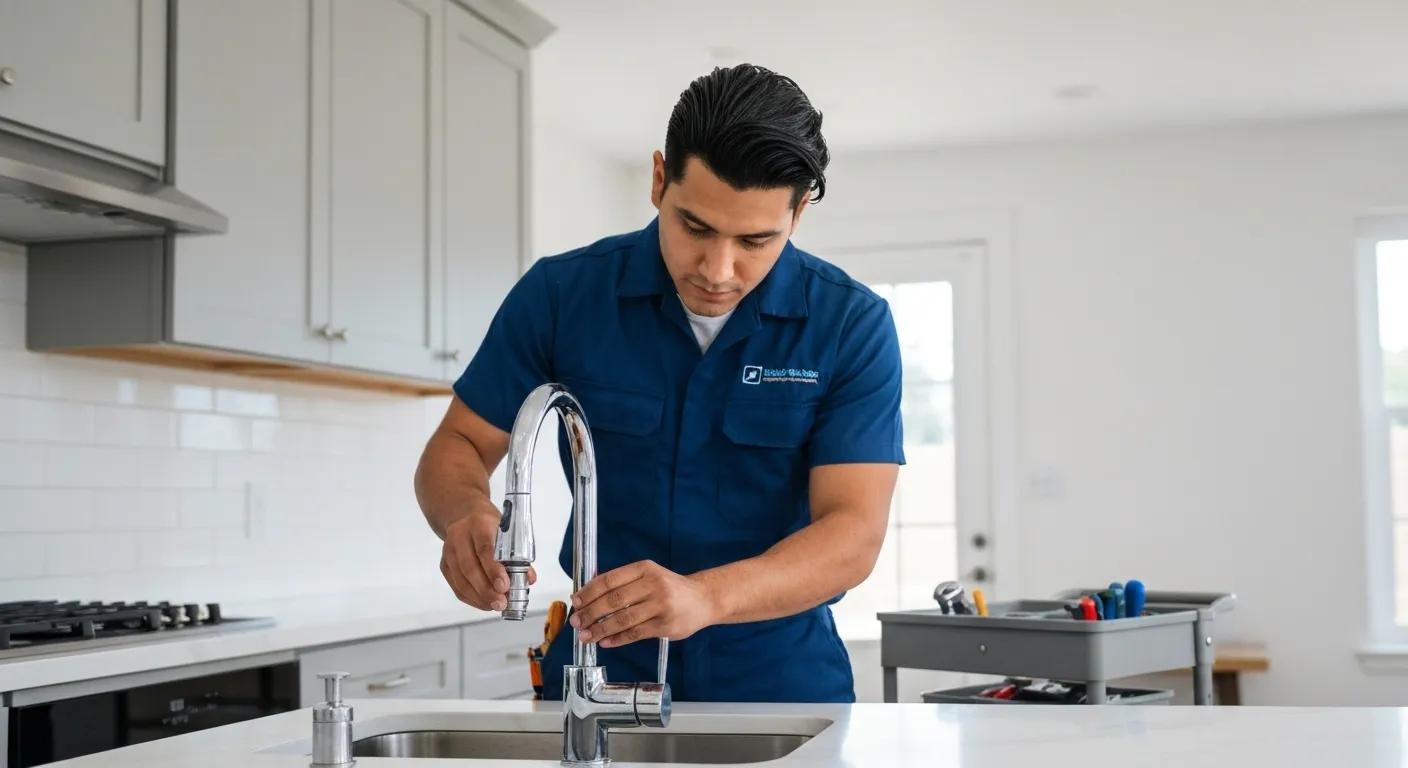 Professional plumber repairing a kitchen faucet with tools in a home setting