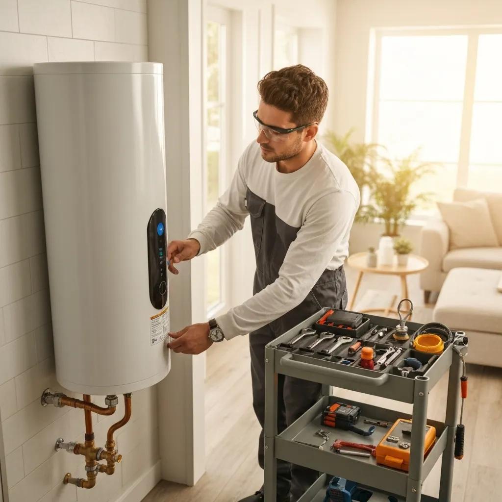 Modern water heater installation with technician in a bright home setting Modern water heater installation with technician in a bright home setting