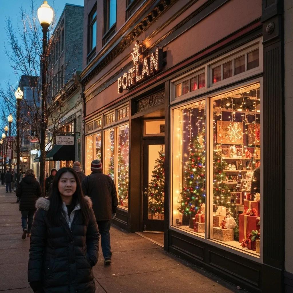 Commercial storefront in Portland decorated with professional holiday lighting, attracting customer attention
