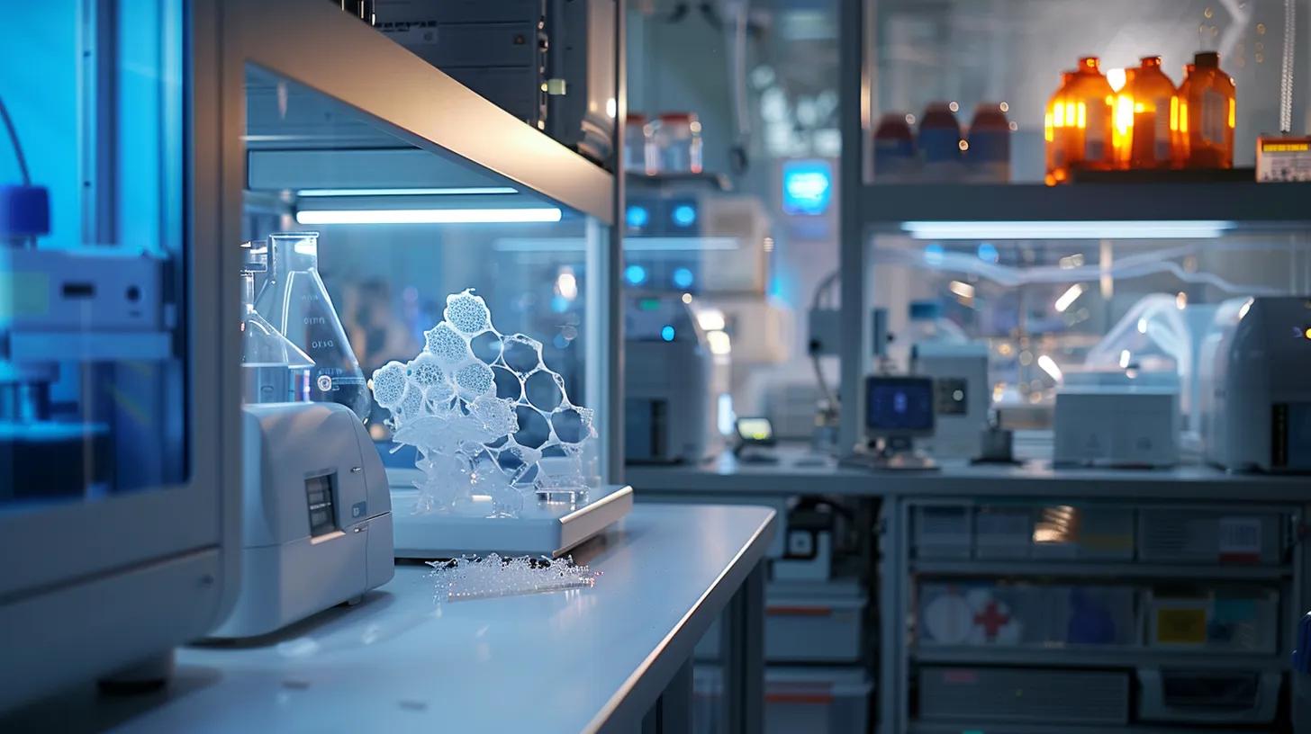 a futuristic medical laboratory showcases advanced 3d printing technology in action, with intricate bioprinted structures and smart drug delivery devices illuminated by precise overhead lighting, emphasizing innovation and personalized healthcare.