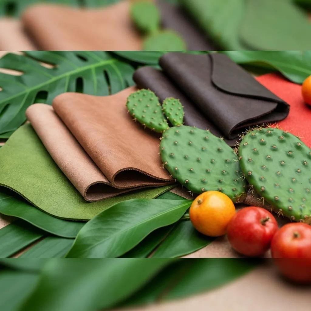 Artistic display of sustainable and vegan leather alternatives like Piñatex and cactus leather with natural elements