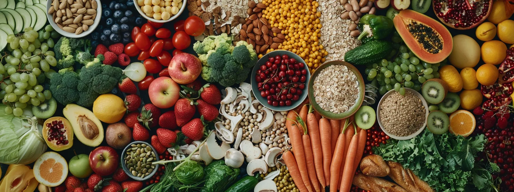 a colorful array of fruits, vegetables, grains, and lean proteins laid out on a table, showcasing the importance of variety and balance in a nutritious diet.