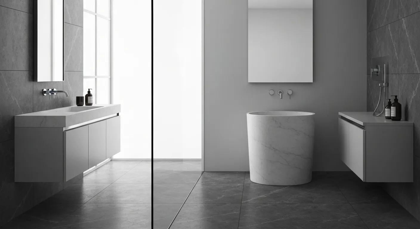 Modern bathroom showcasing 2025 design trends with a Pietra Bianca freestanding basin