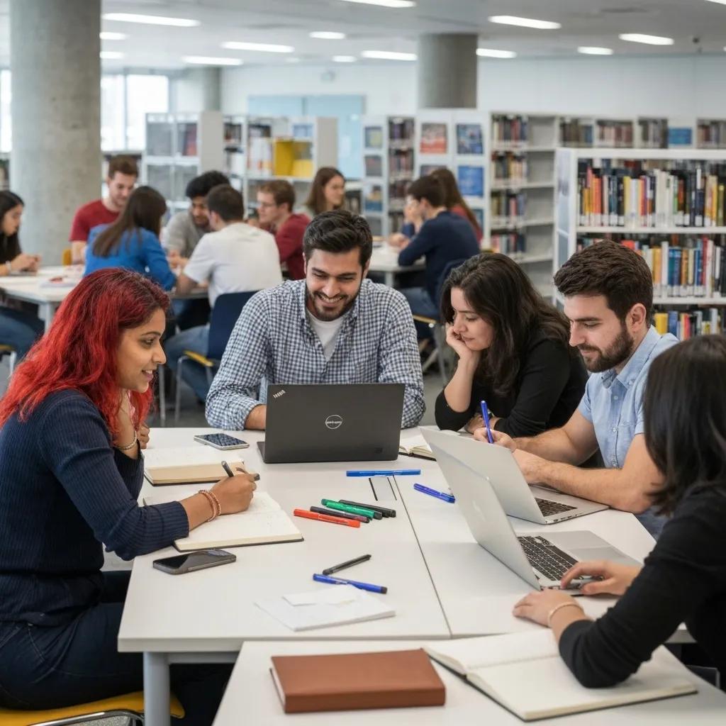 A diverse group of international students collaborating and learning together in a bright, modern library setting