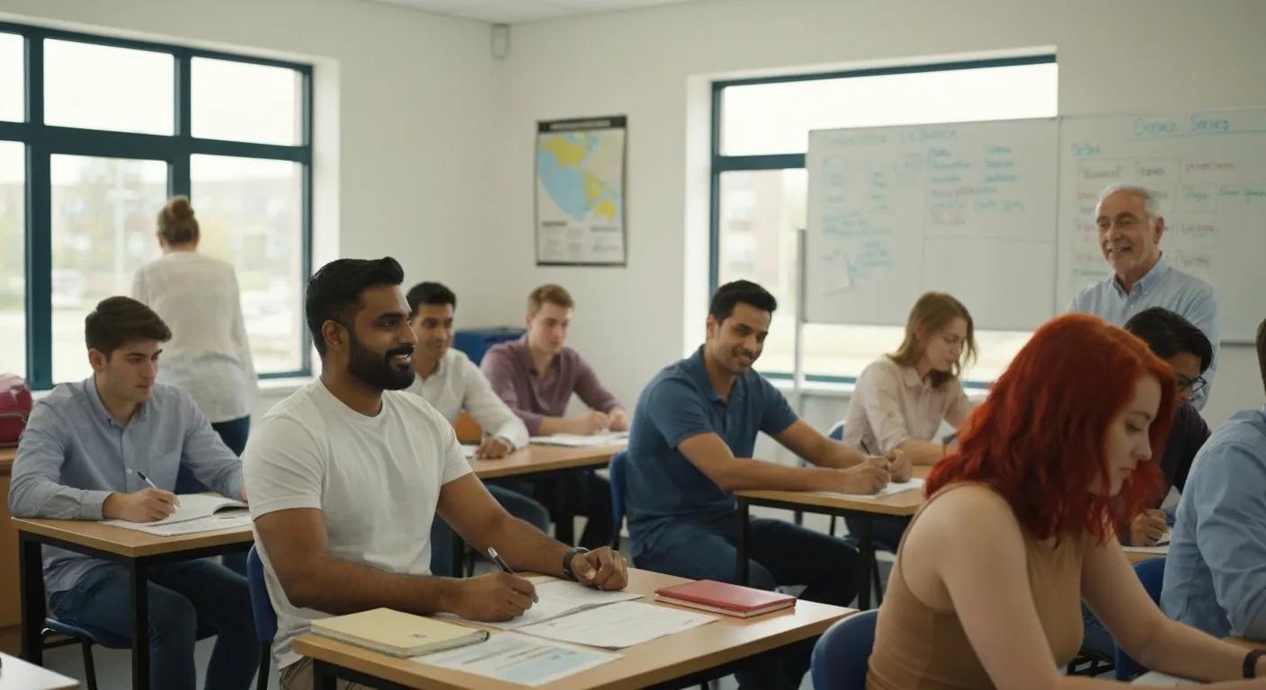 A diverse group of new drivers actively participating in a classroom setting for their 5-hour pre-licensing course