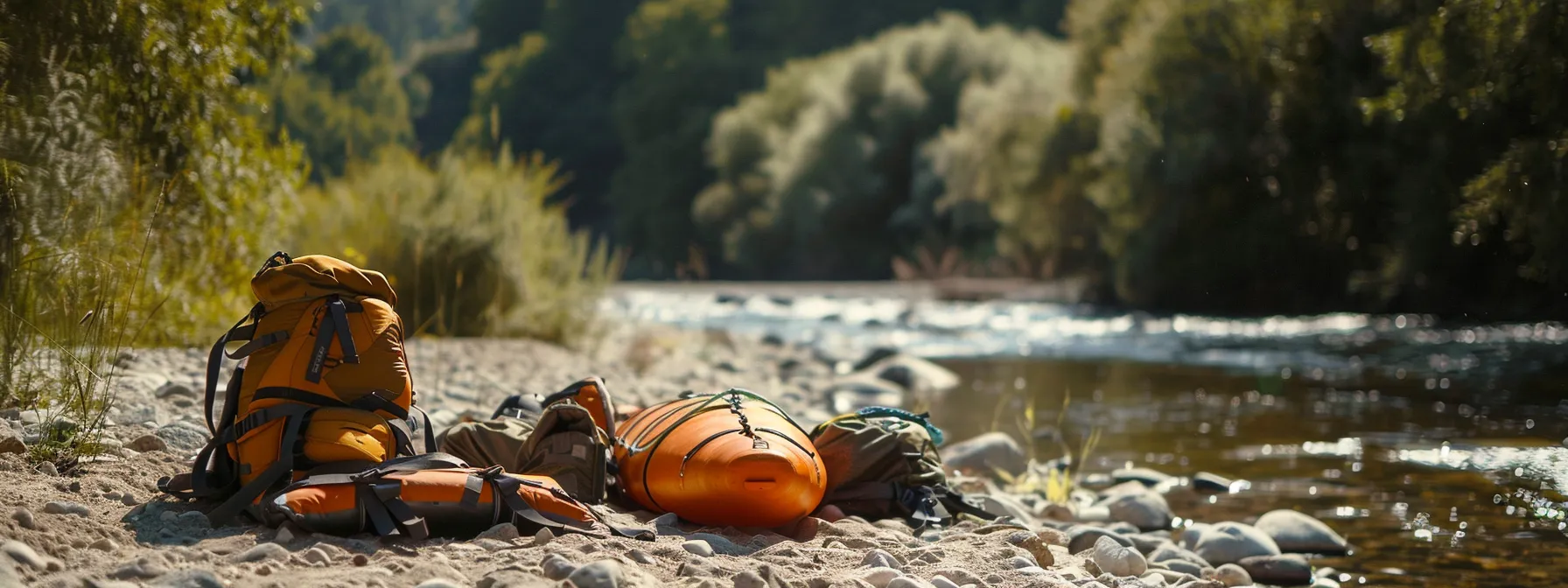 rafting gear laid out on a sunny riverbank.