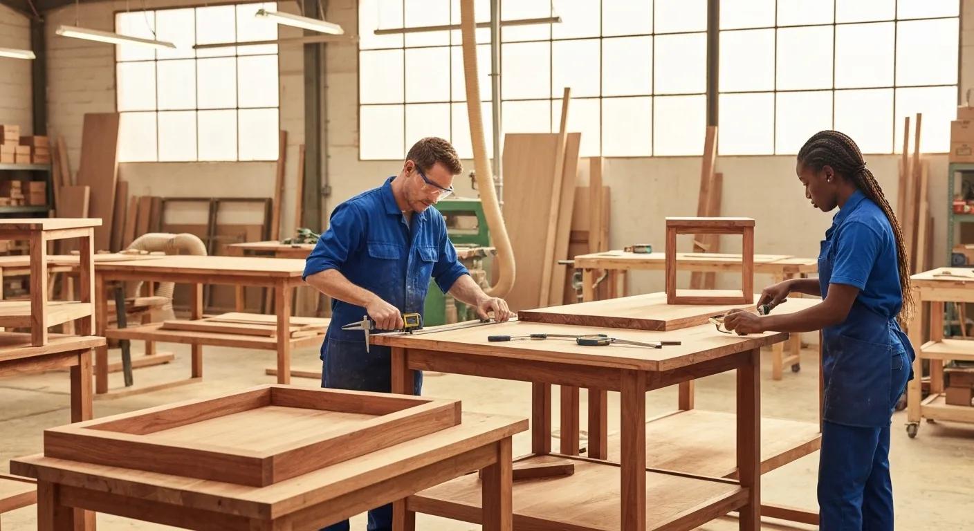 Skilled artisans customising timber furniture in a workshop, highlighting the bespoke creation process