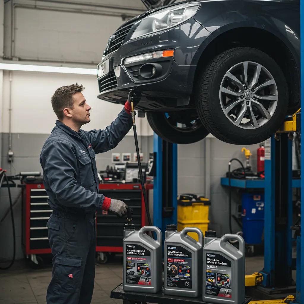 Mechanic performing an oil change on a car in a repair shop