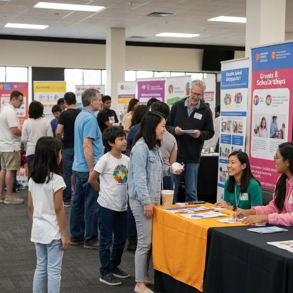 Families attending a community event to learn about autism grants and scholarships, fostering a supportive environment.
