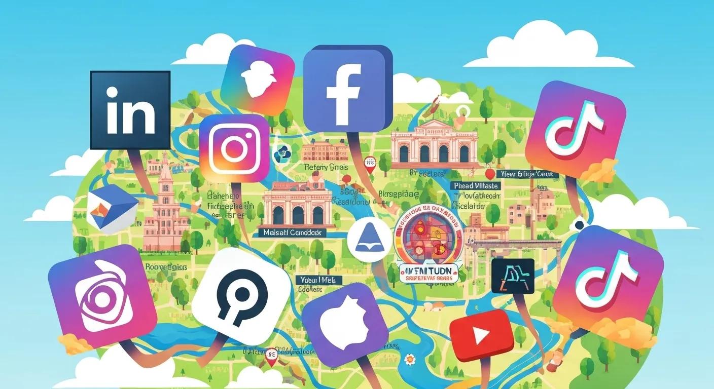 Illustration connecting social media logos to a map of Denver, symbolizing local business engagement and reach