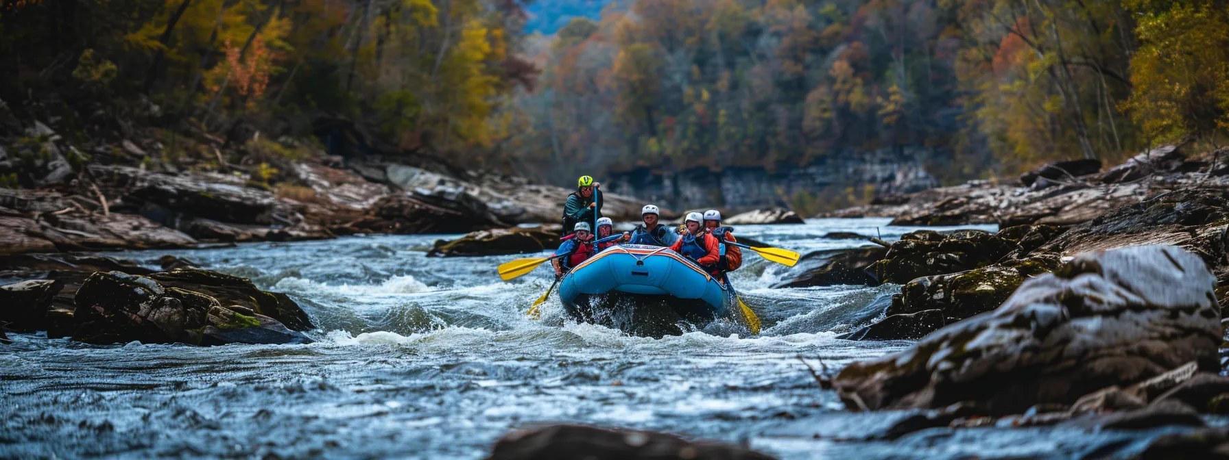 a group of rafters maneuvering through tumultuous rapids with the guidance of experienced professionals, all set against the stunning backdrop of tennessee's natural beauty.