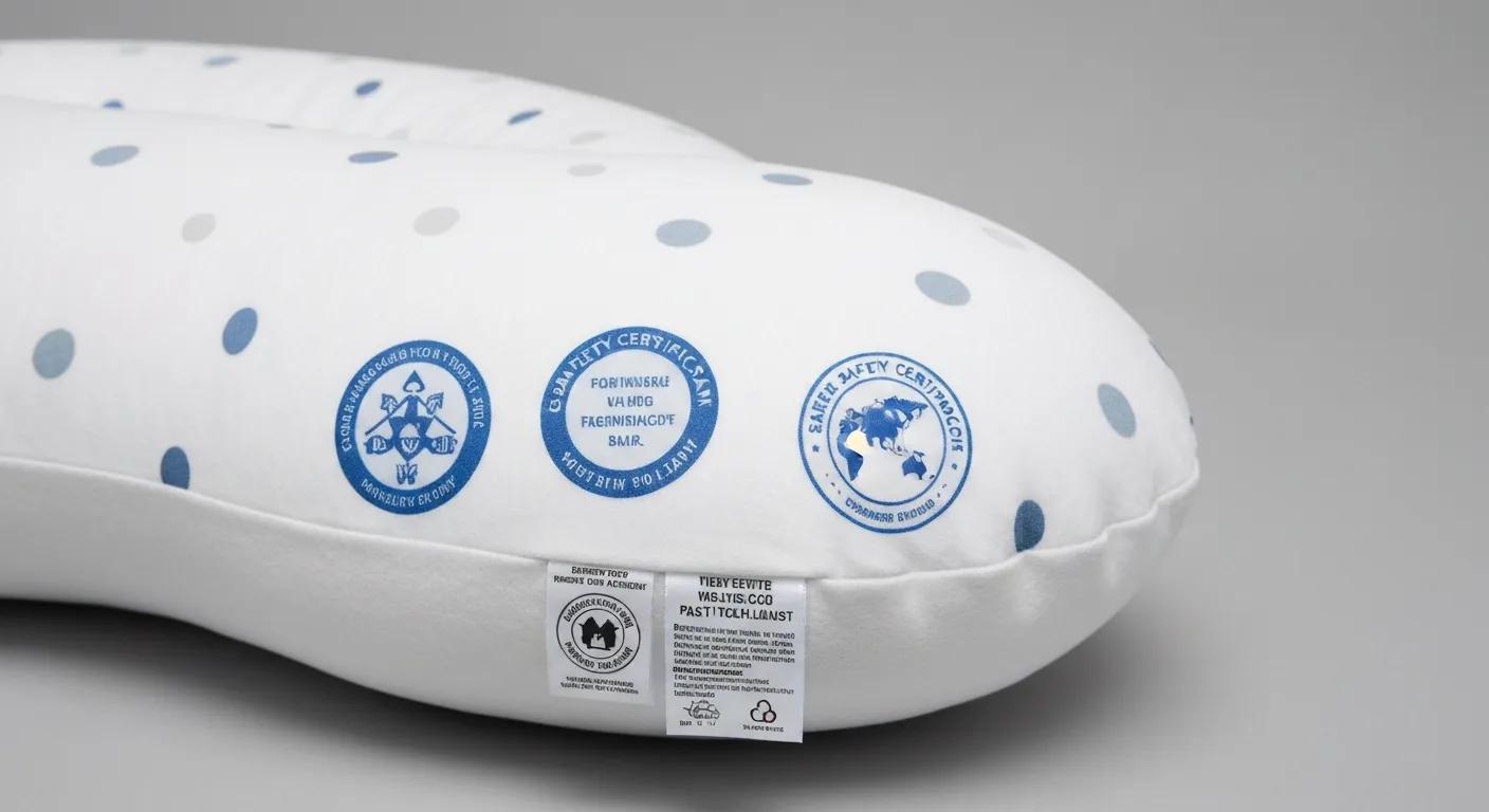 Nursing pillow with safety certification labels, emphasizing compliance with safety standards