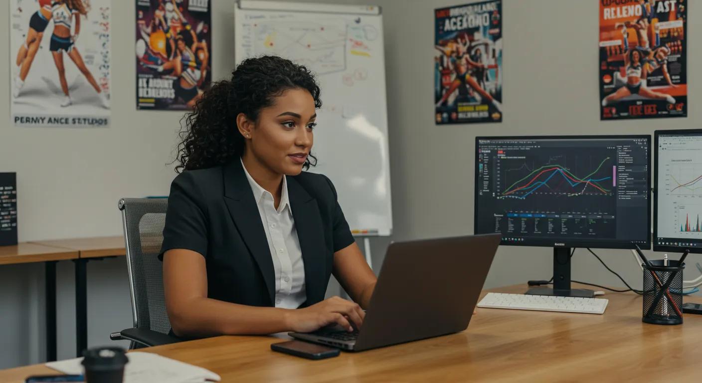 a dynamic office environment showcases a confident cheerleading studio owner conducting a strategic meeting, surrounded by vibrant performance posters and digital management tools, exemplifying leadership and operational excellence. a dynamic office environment showcases a confident cheerleading studio owner conducting a strategic meeting, surrounded by vibrant performance posters and digital management tools, exemplifying leadership and operational excellence.