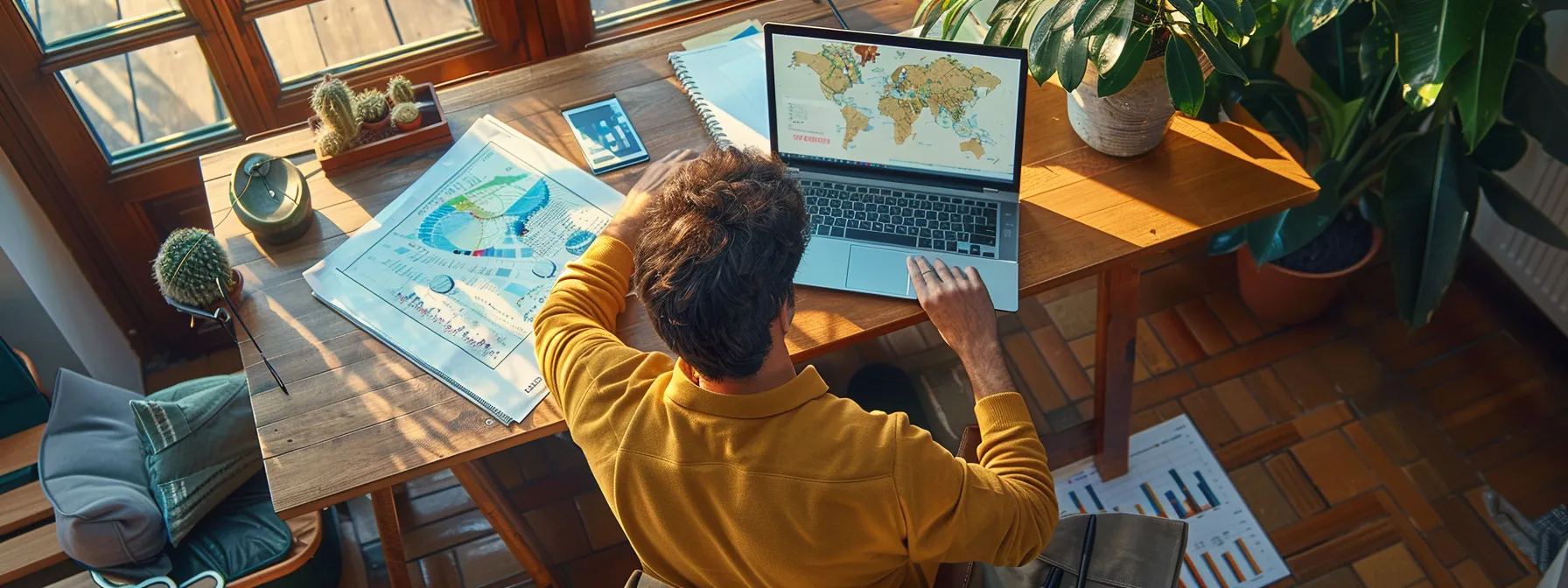 a small business owner working on a laptop while looking at a map on their desk, surrounded by marketing materials and analytics charts.