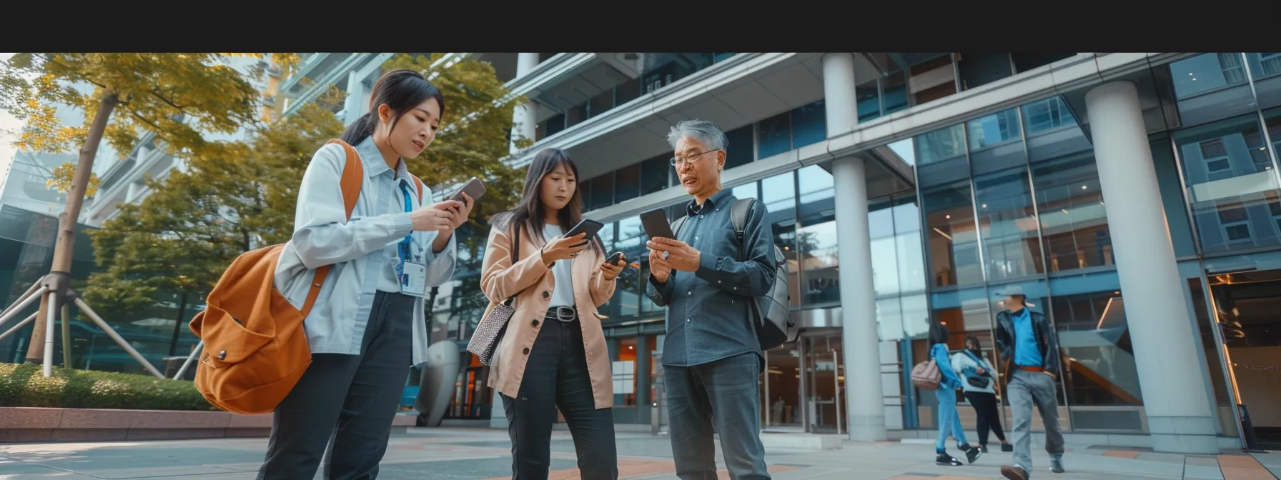 a group of people are using a mobile app to manage their insurance policies while standing outside a modern office building.