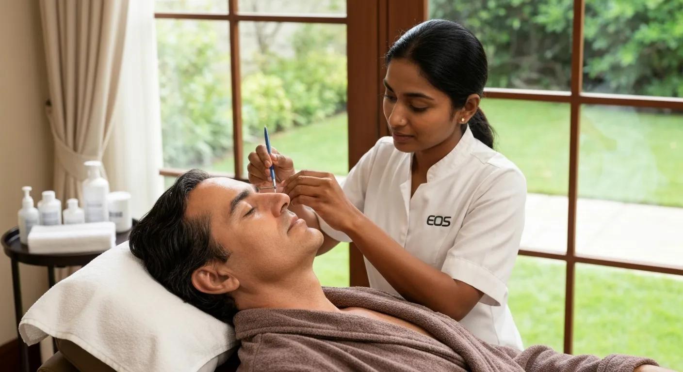 Client undergoing full face threading in a salon, illustrating the comprehensive hair removal service