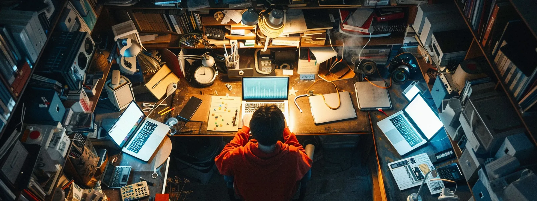 a person surrounded by digital devices, organizing tasks into manageable lists and integrating task management apps for efficient workflow.