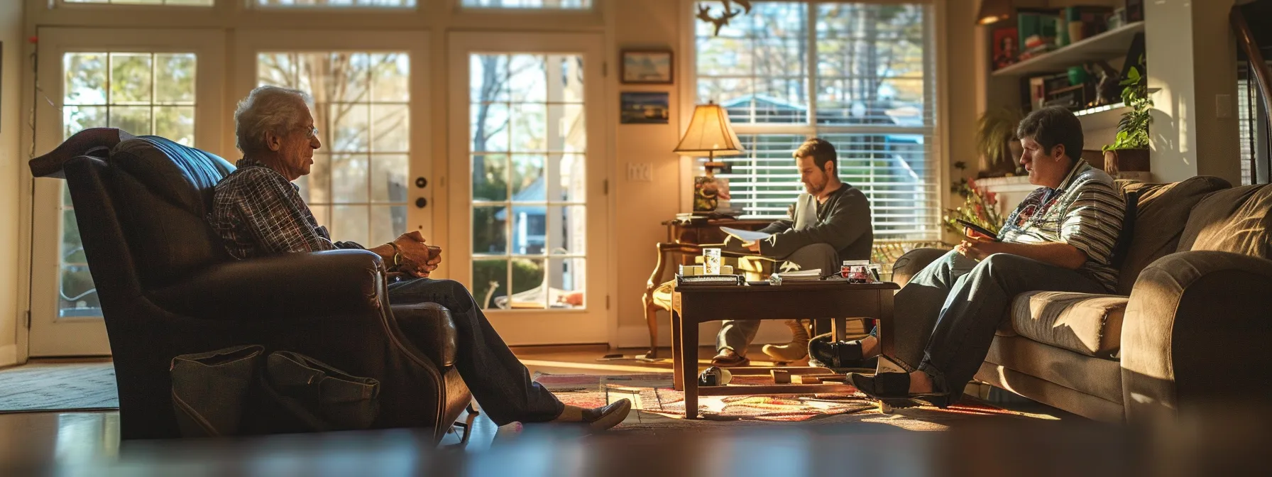 a homeowner in georgia consulting a legal expert about flood insurance regulations.