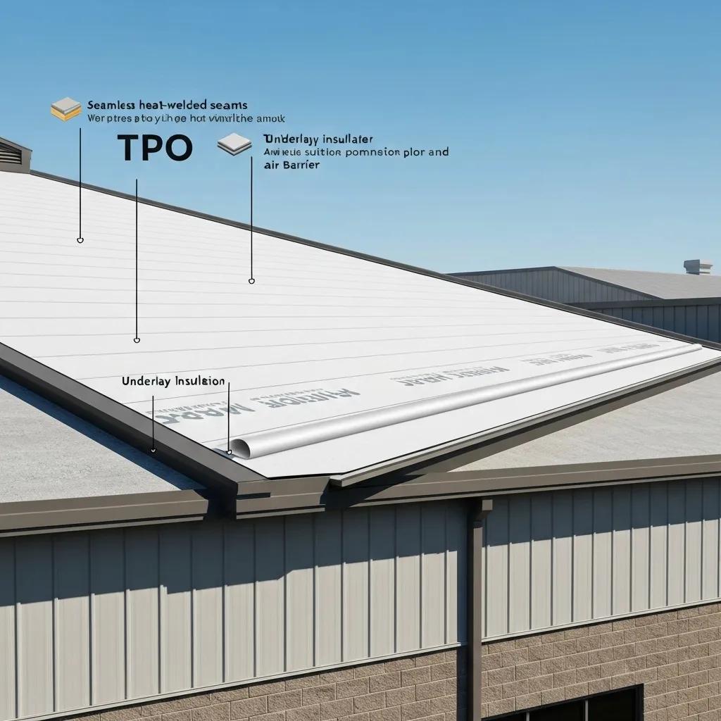TPO roofing system on a commercial building in Missouri showcasing reflective surface and seams TPO roofing system on a commercial building in Missouri showcasing reflective surface and seams