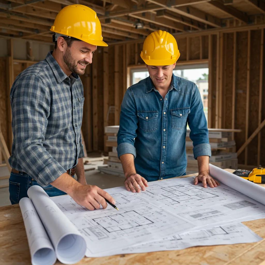 Builder and homeowner collaborating on custom home plans at a construction site Builder and homeowner collaborating on custom home plans at a construction site