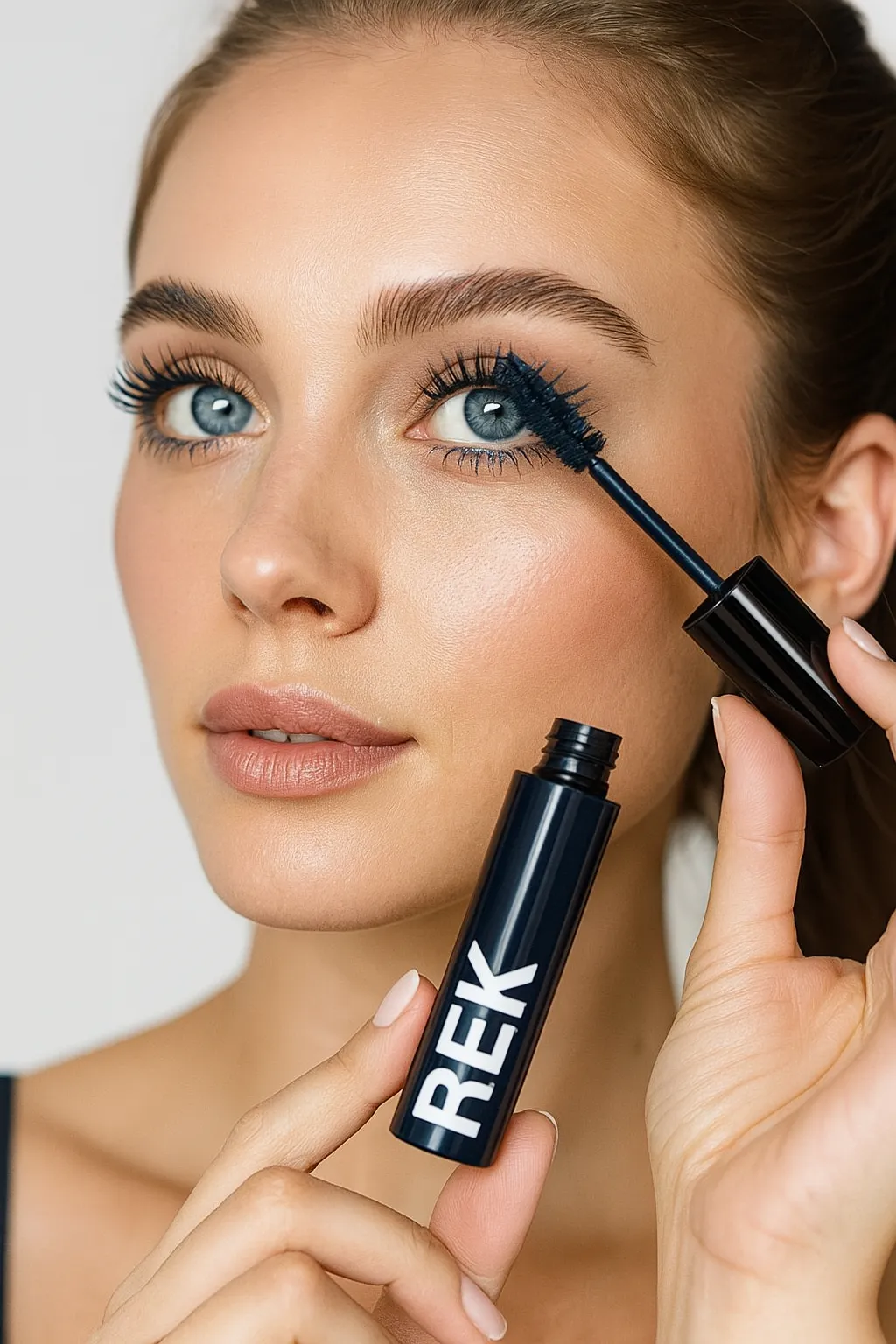 Model applying REK Clean Navy Mascara for bold blue lash look