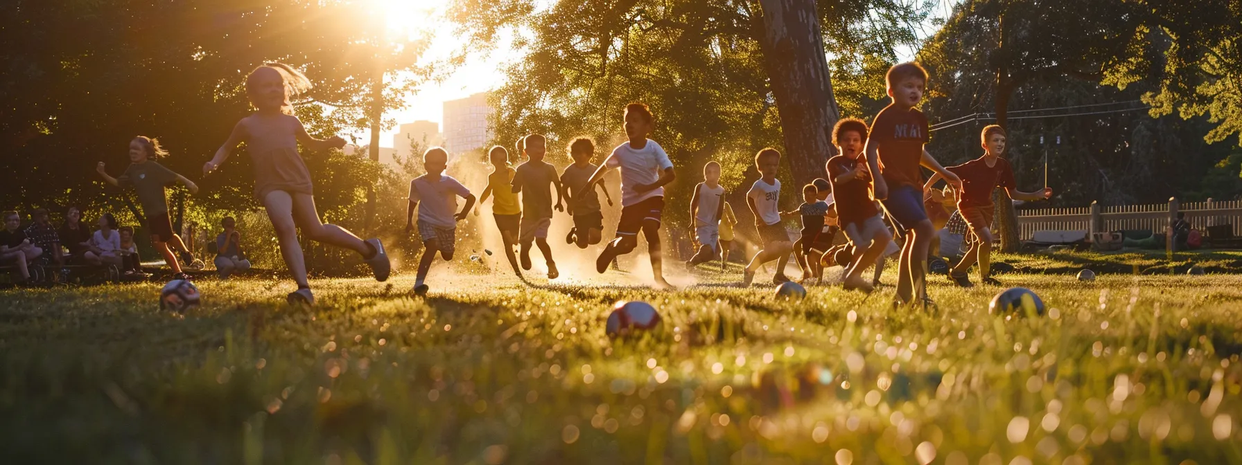 children playing soccer in a park, surrounded by their family members cheering and encouraging them to stay active.