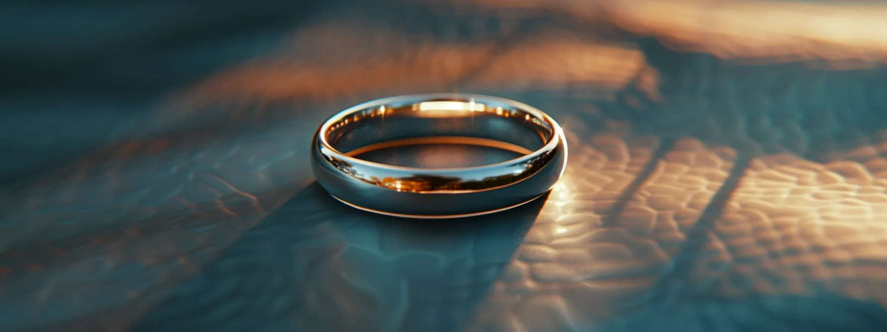 a close-up of a sleek titanium wedding ring resting on a neutral background.