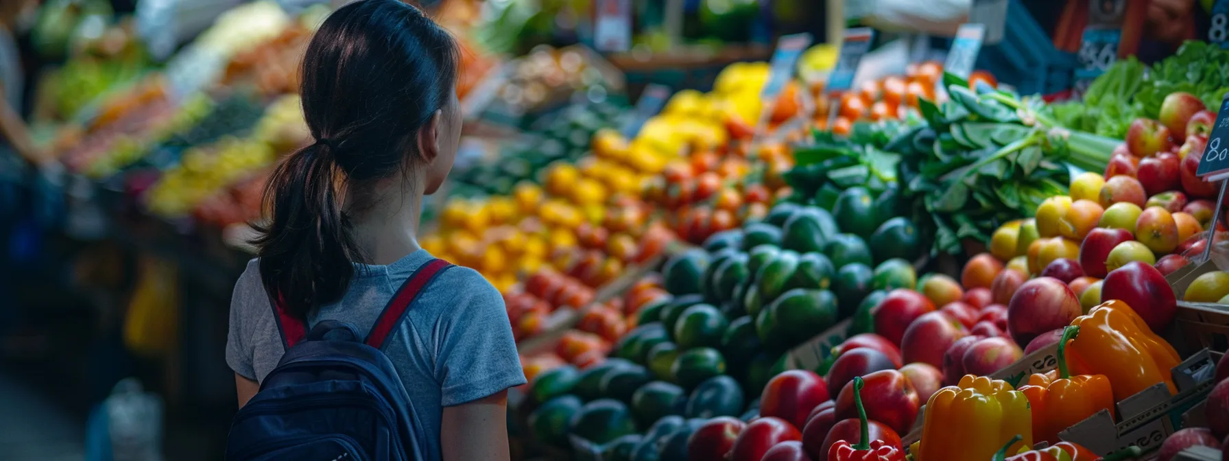 a person browsing through an array of organic fruits and vegetables at a vibrant farmers market.