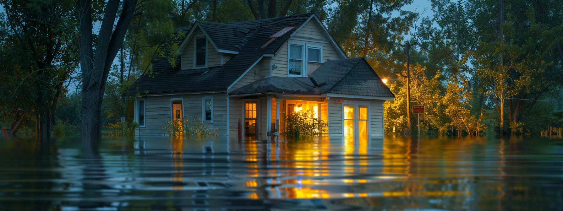 an image of a house surrounded by water in a flood zone.