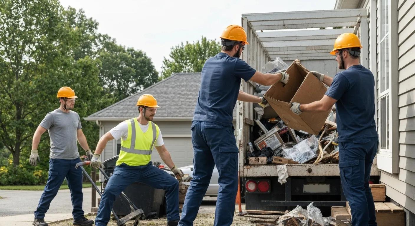 Professional junk removal team clearing clutter from a residential home, showcasing convenience and efficiency Professional junk removal team clearing clutter from a residential home, showcasing convenience and efficiency