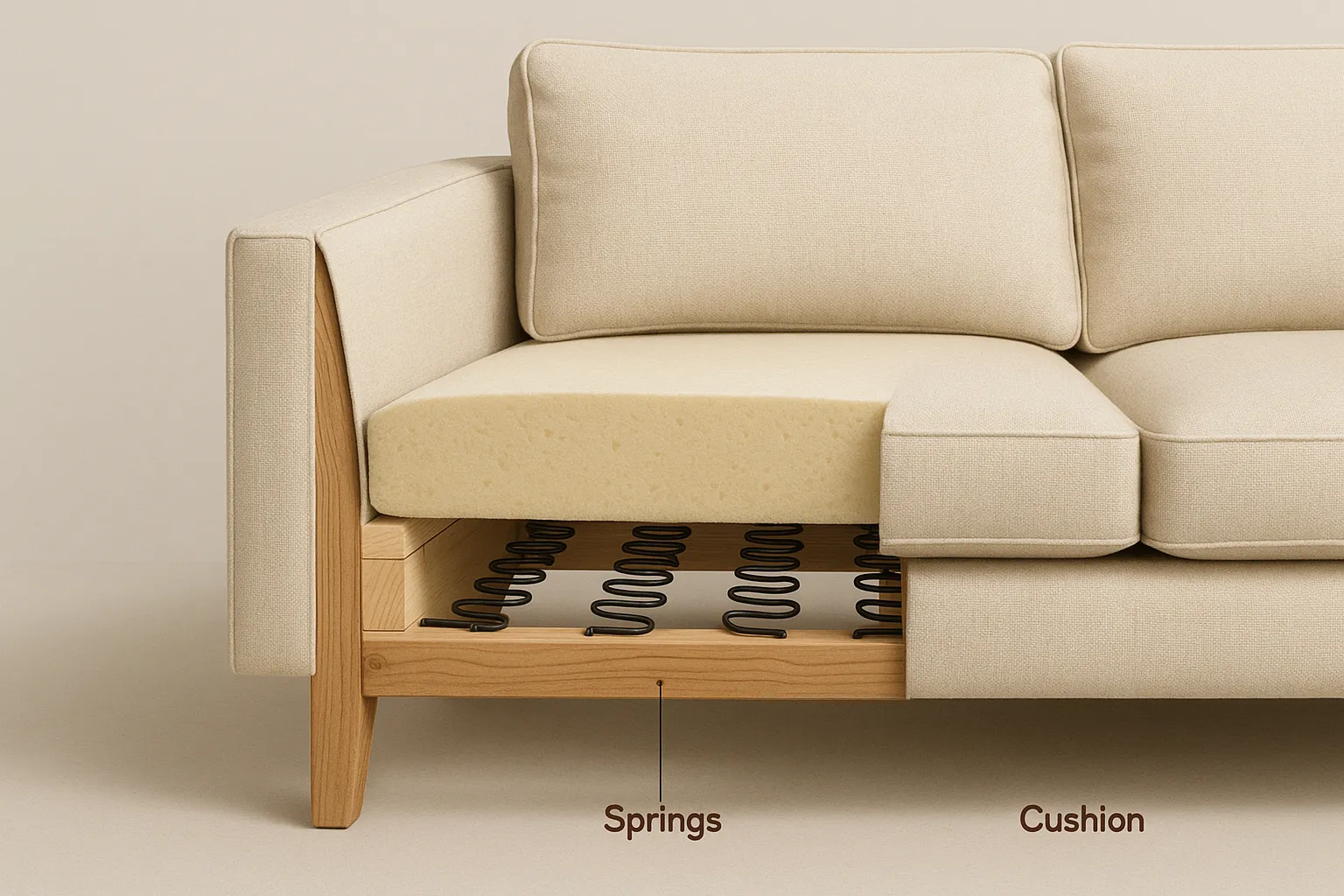 Cutaway view of a sofa showing its inner frame, springs, and cushioning layers.