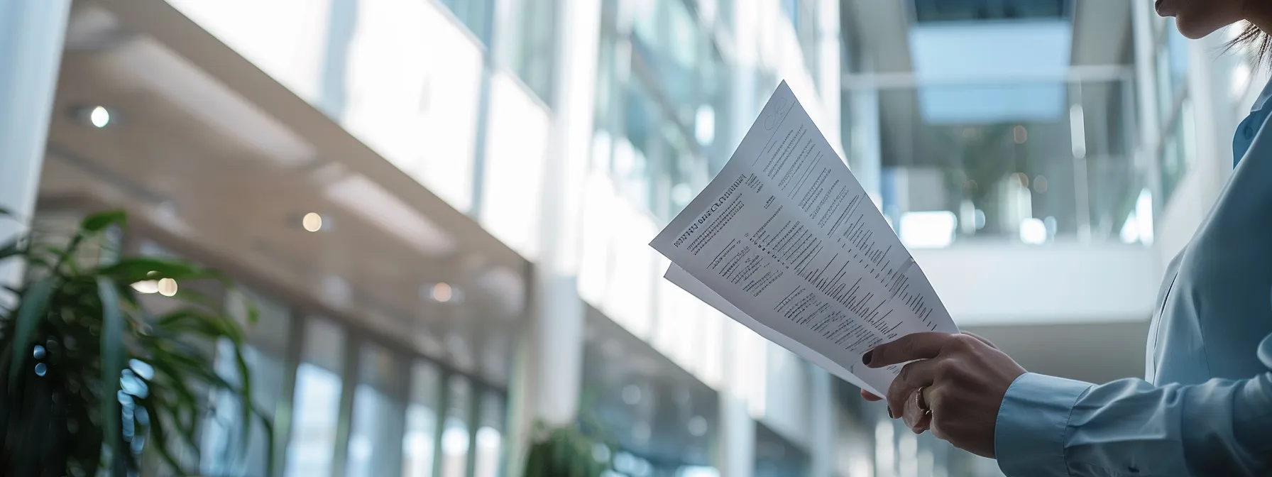 a person reading a flyer with insurance information in a bright, modern office setting.