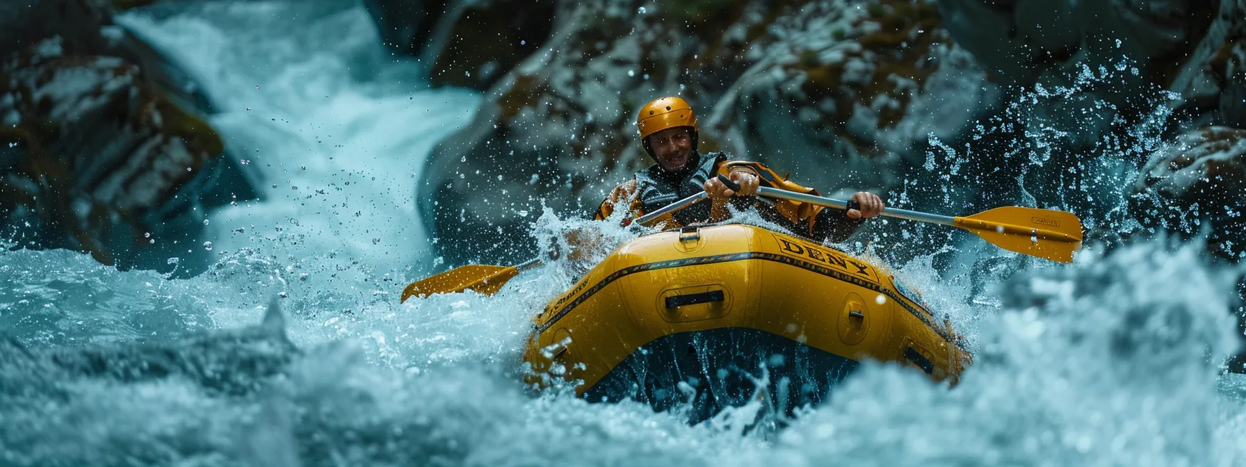 whitewater raft navigating through a thrilling and challenging rapid.