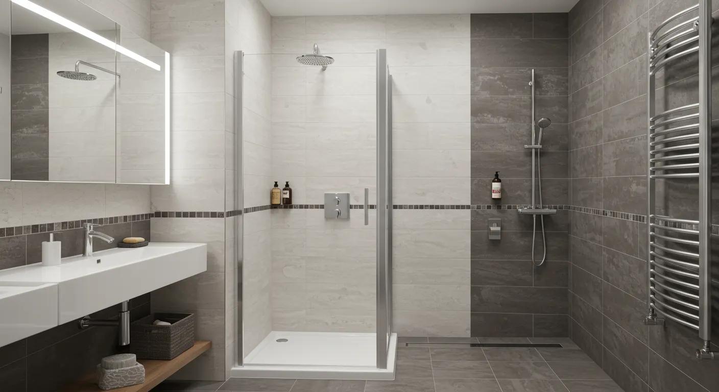 a modern, compact bathroom featuring sleek, space-saving shower kits installed against a stylish tiled wall, highlighting various designs ideal for small and budget-friendly spaces.