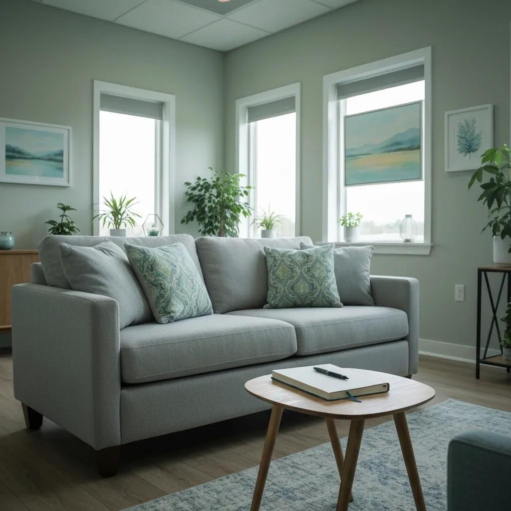 A calming therapist's office designed for emotional healing, featuring a cozy couch and peaceful decor