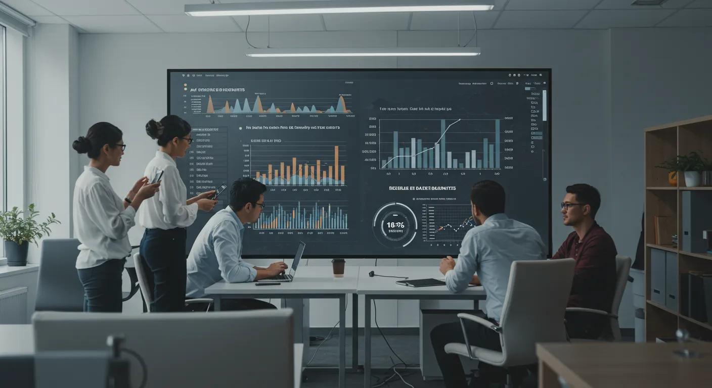 a dynamic office environment features a diverse team engaged in strategic discussions around a large digital display illustrating revenue forecasts and the benefits of long-term discounts, accentuated by bright overhead lighting and modern furnishings.