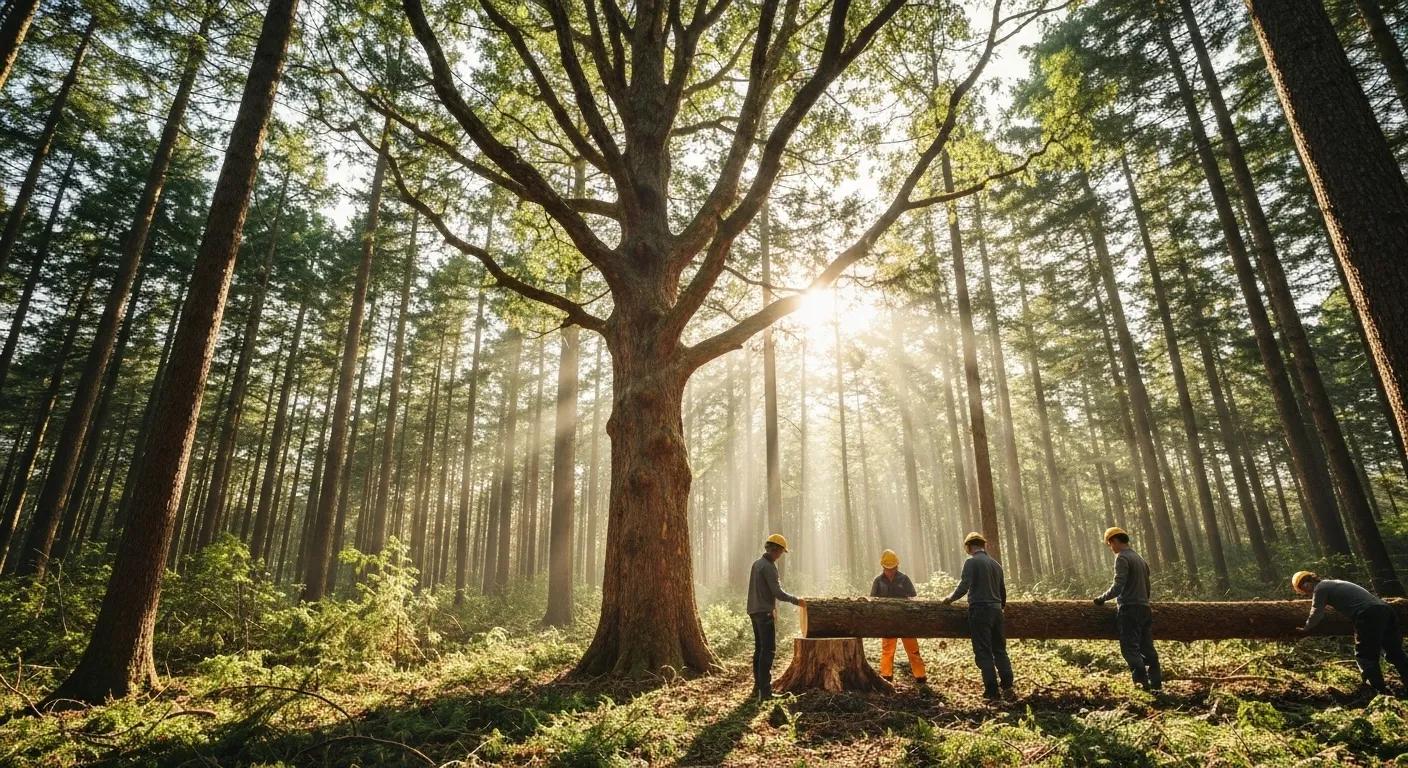 Sustainable timber sourcing in a thriving forest, highlighting ethical and responsible practices