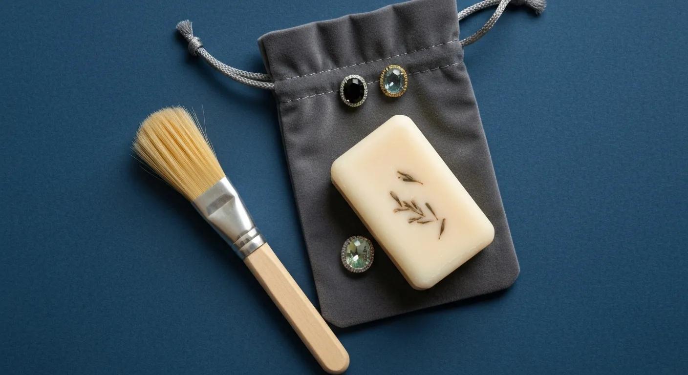 Flat lay of birthstone jewelry care items including a brush, soap, and a velvet pouch