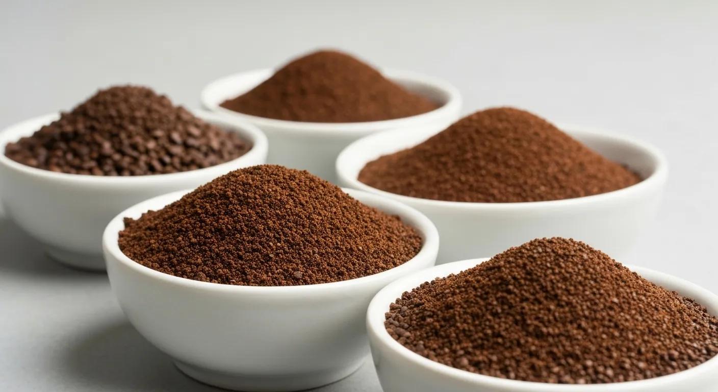 Different coffee grind sizes displayed in bowls: coarse, medium, fine, and extra fine